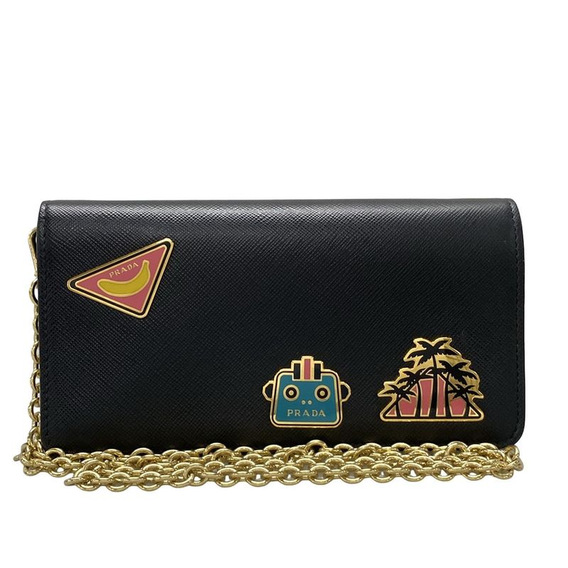 Prada Long Wallet - 1dh044 Black Chain Shoulder Robot Leather