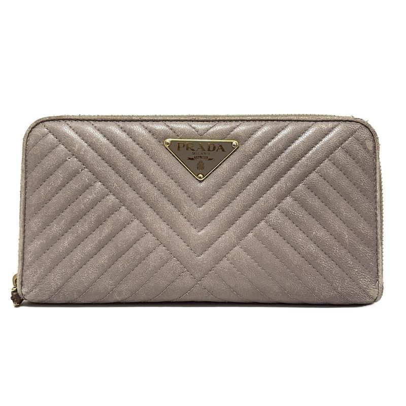 Prada Long Wallet - Gray Beige Quilted Round Zipper Leather