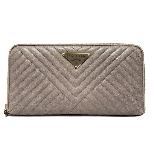 Prada Long Wallet - Gray Beige Quilted Round Zipper Leather