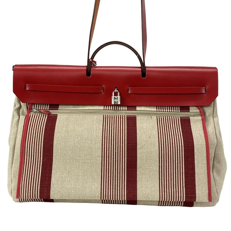 Hermes Handbag Herbag Zip Cabin Beige And Red Silver Hardware /H Vibration