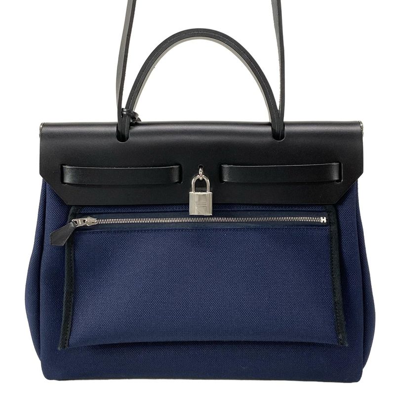 Hermes Handbag Herbag Zip PM Navy And Black Silver Hardware