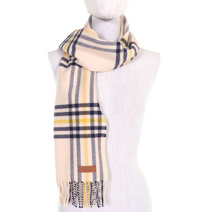Hermes 100% Cashmere Logo Leather Patch Checked Fringe Scarf Cream Navy Yellow