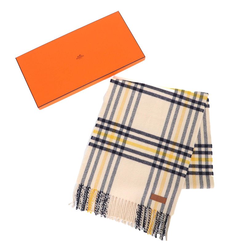 Hermes 100% Cashmere Logo Leather Patch Checked Fringe Scarf Cream Navy Yellow