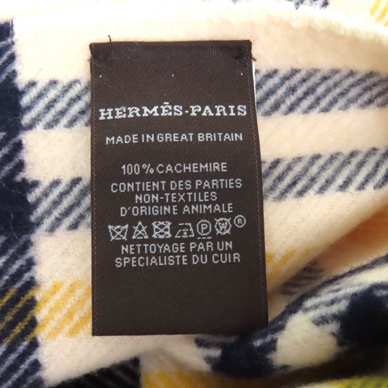 Hermes 100% Cashmere Logo Leather Patch Checked Fringe Scarf Cream Navy Yellow