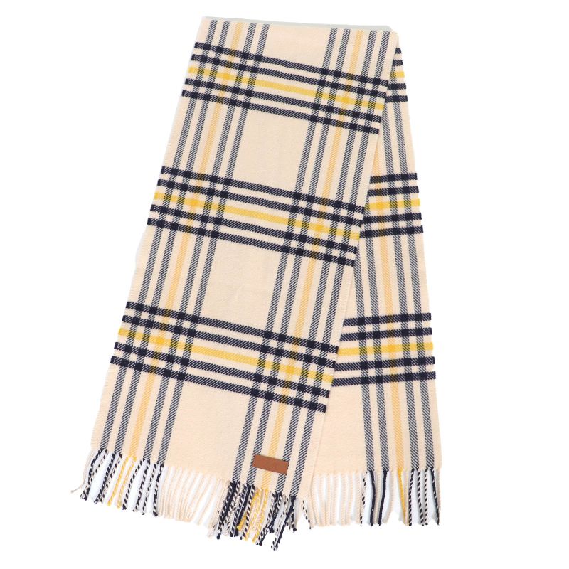 Hermes 100% Cashmere Logo Leather Patch Checked Fringe Scarf Cream Navy Yellow