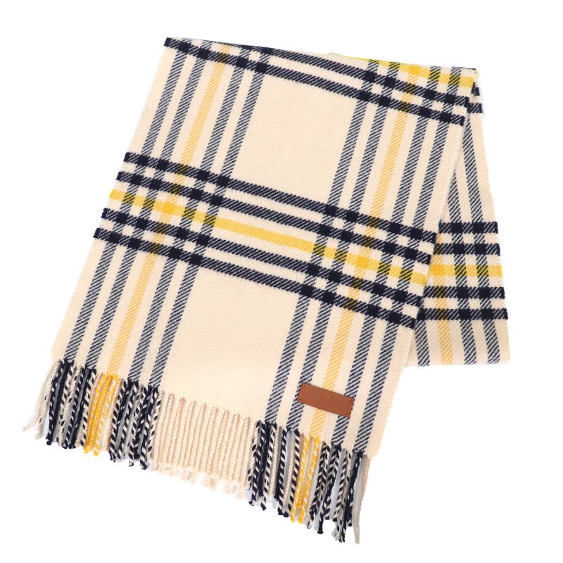 Hermes 100% Cashmere Logo Leather Patch Checked Fringe Scarf Cream Navy Yellow