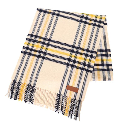 Hermes 100% Cashmere Logo Leather Patch Checked Fringe Scarf Cream Navy Yellow