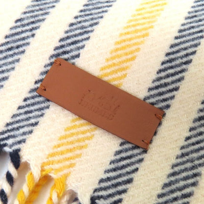 Hermes 100% Cashmere Logo Leather Patch Checked Fringe Scarf Cream Navy Yellow