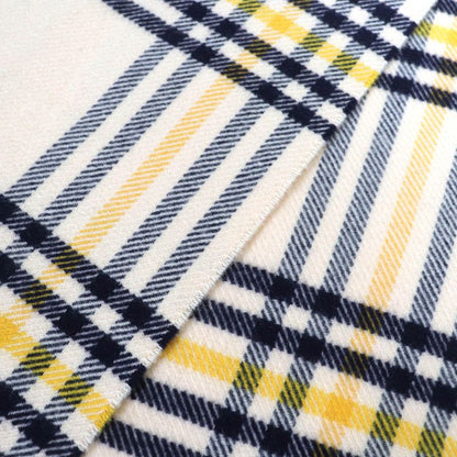 Hermes 100% Cashmere Logo Leather Patch Checked Fringe Scarf Cream Navy Yellow