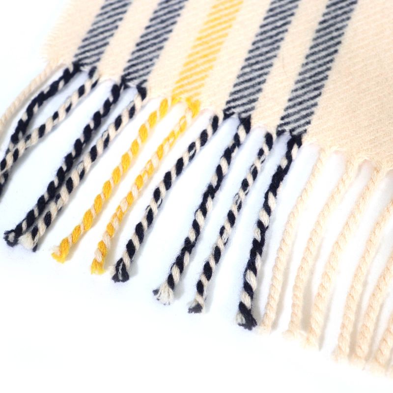 Hermes 100% Cashmere Logo Leather Patch Checked Fringe Scarf Cream Navy Yellow