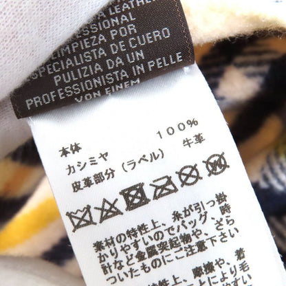 Hermes 100% Cashmere Logo Leather Patch Checked Fringe Scarf Cream Navy Yellow