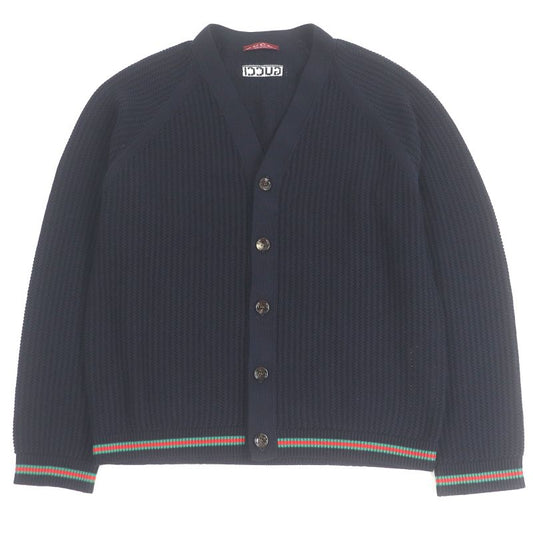 Gucci 24AW 788009 Cotton Jersey Knit Cardigan With Web Stripe Navy L With Box
