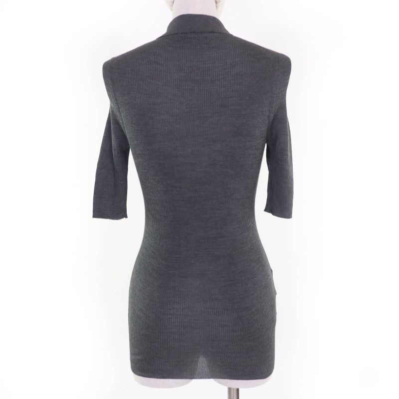 Prada 2021 P24i1l 100% Silk Rhinestone Knit Short Sleeve Polo Shirt Top Grey 38