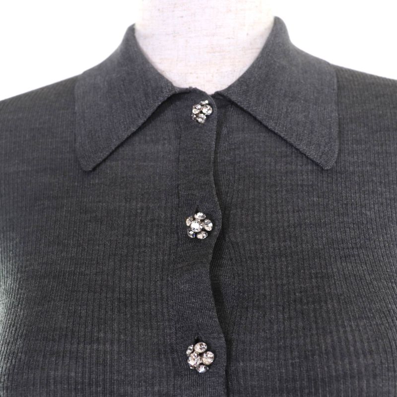 Prada 2021 P24i1l 100% Silk Rhinestone Knit Short Sleeve Polo Shirt Top Grey 38