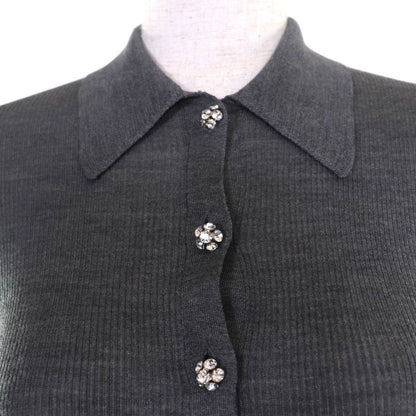 Prada 2021 P24i1l 100% Silk Rhinestone Knit Short Sleeve Polo Shirt Top Grey 38