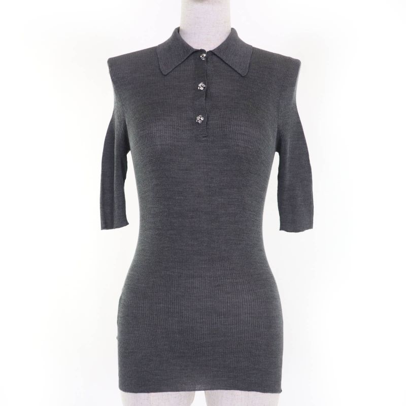 Prada 2021 P24i1l 100% Silk Rhinestone Knit Short Sleeve Polo Shirt Top Grey 38