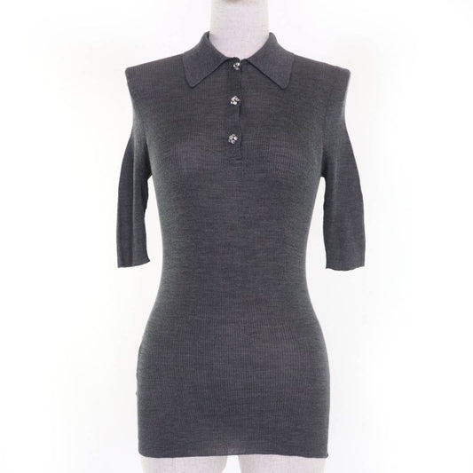 Prada 2021 P24i1l 100% Silk Rhinestone Knit Short Sleeve Polo Shirt Top Grey 38