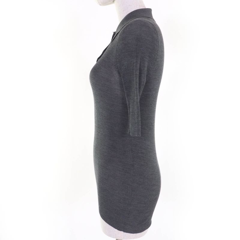 Prada 2021 P24i1l 100% Silk Rhinestone Knit Short Sleeve Polo Shirt Top Grey 38