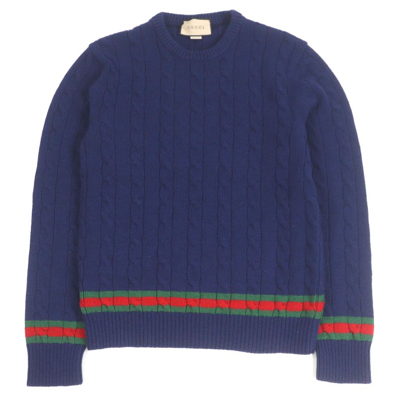 Gucci 673489 Cashmere Wool Webline Crew Neck Cable Knit Sweater Navy M Made In