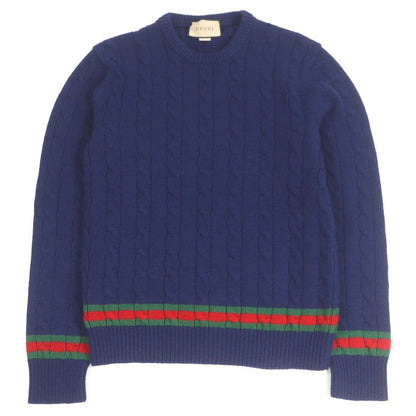 Gucci 673489 Cashmere Wool Webline Crew Neck Cable Knit Sweater Navy M Made In