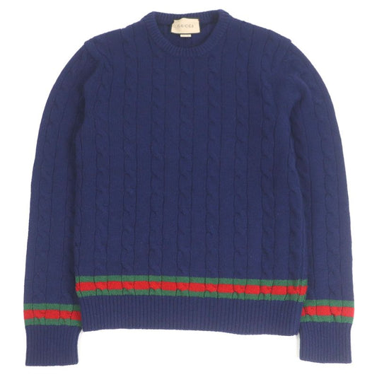 Gucci 673489 Cashmere Wool Webline Crew Neck Cable Knit Sweater Navy M Made In