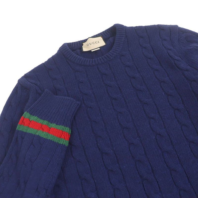 Gucci 673489 Cashmere Wool Webline Crew Neck Cable Knit Sweater Navy M Made In