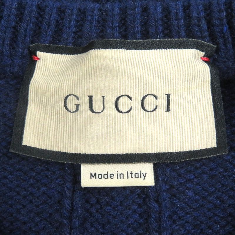 Gucci 673489 Cashmere Wool Webline Crew Neck Cable Knit Sweater Navy M Made In