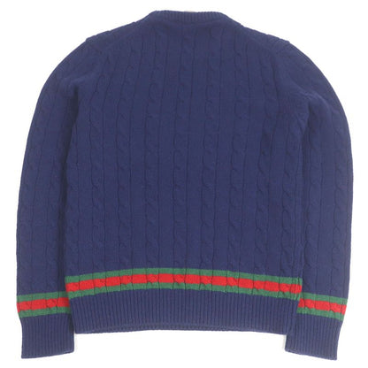 Gucci 673489 Cashmere Wool Webline Crew Neck Cable Knit Sweater Navy M Made In