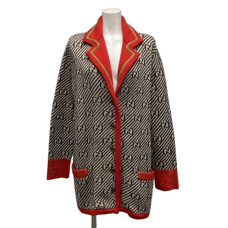 Gucci Cardigan Size S Women - 553505-xkaiv Beige Dark Navy And Red Long Sleeves