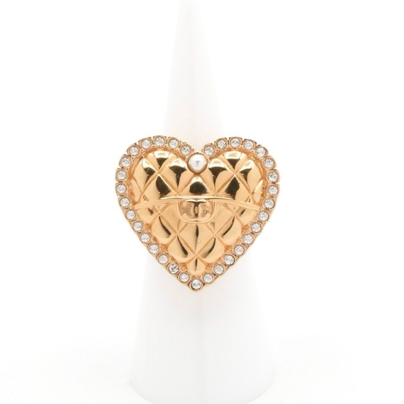 Chanel Ring Gold Coco Mark Heart Matelasse Rhinestone
