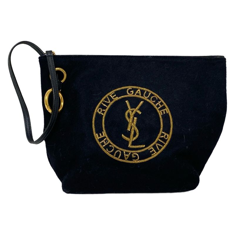 Saint Laurent Paris Pouch Embroidery Pouch 710435 Black Wool Leather