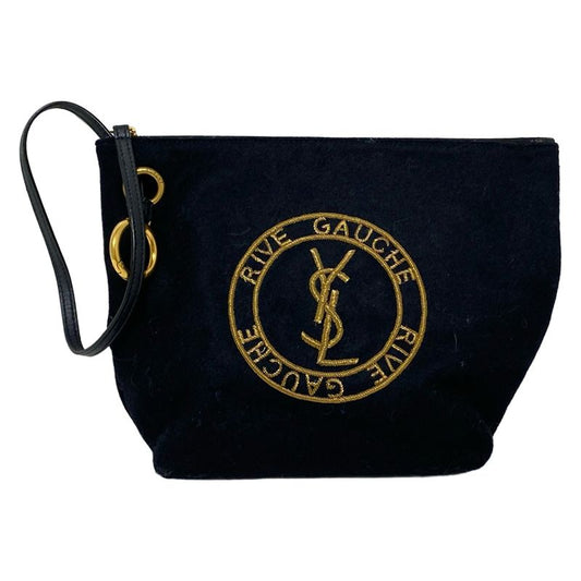 Saint Laurent Paris Pouch Embroidery Pouch 710435 Black Wool Leather