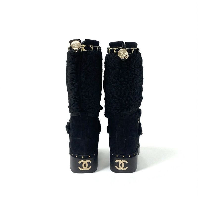 Chanel Boots Long Boots Shoes Suede Shearling Black Gold Here Mark Studs Lace Up