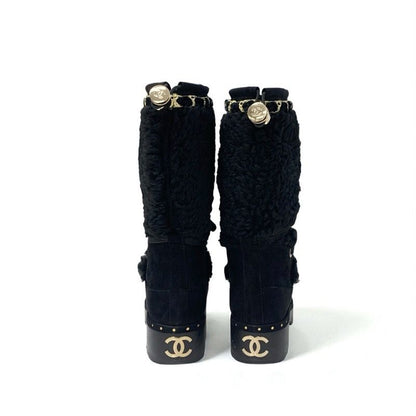 Chanel Boots Long Boots Shoes Suede Shearling Black Gold Here Mark Studs Lace Up