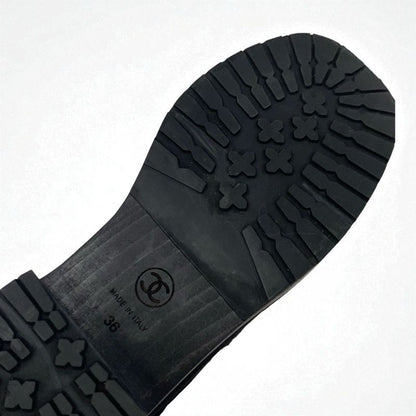 Chanel Boots Long Boots Shoes Suede Shearling Black Gold Here Mark Studs Lace Up