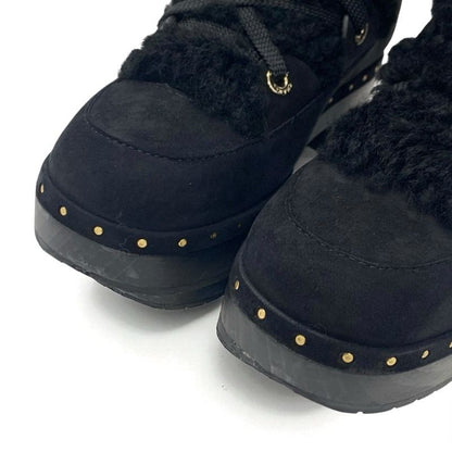 Chanel Boots Long Boots Shoes Suede Shearling Black Gold Here Mark Studs Lace Up