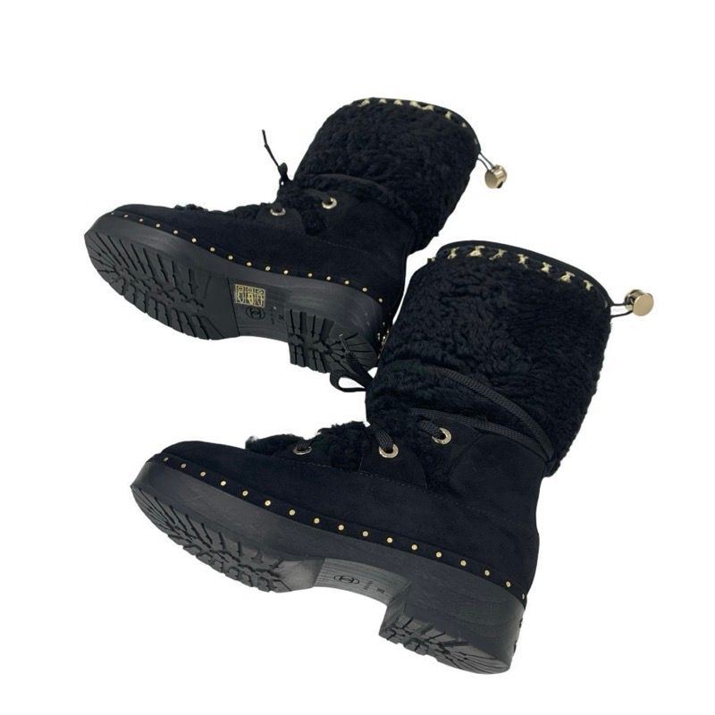 Chanel Boots Long Boots Shoes Suede Shearling Black Gold Here Mark Studs Lace Up
