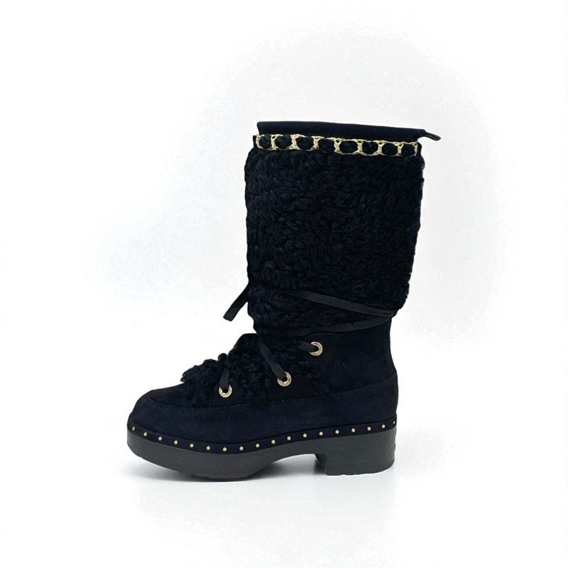 Chanel Boots Long Boots Shoes Suede Shearling Black Gold Here Mark Studs Lace Up