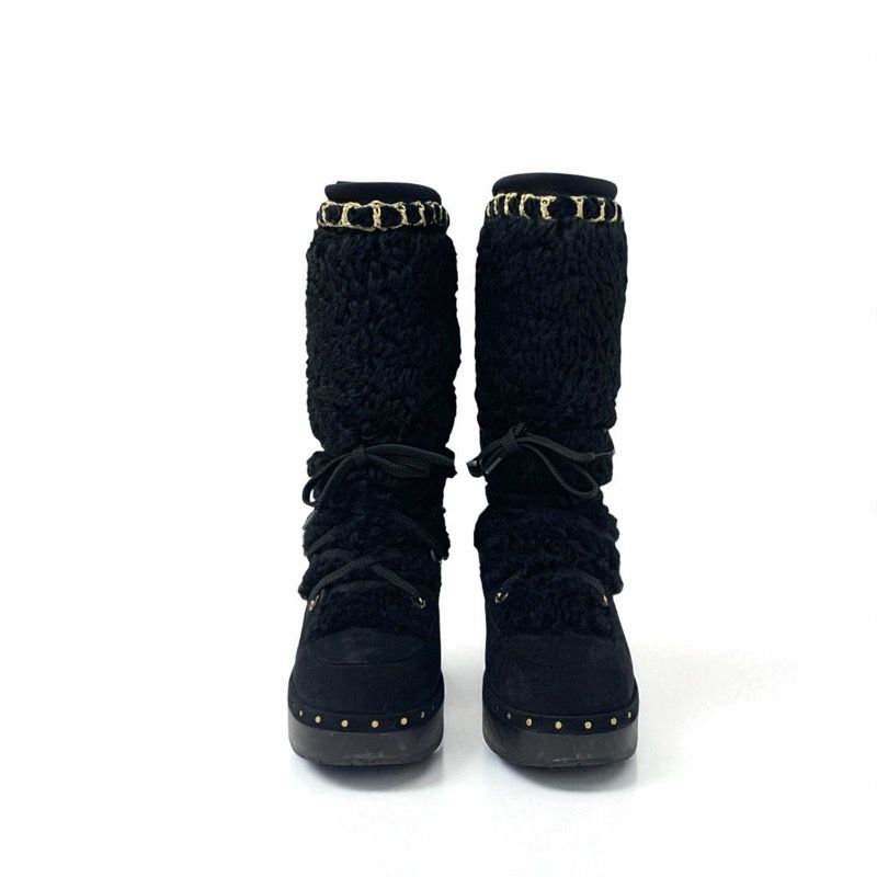 Chanel Boots Long Boots Shoes Suede Shearling Black Gold Here Mark Studs Lace Up
