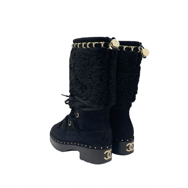 Chanel Boots Long Boots Shoes Suede Shearling Black Gold Here Mark Studs Lace Up
