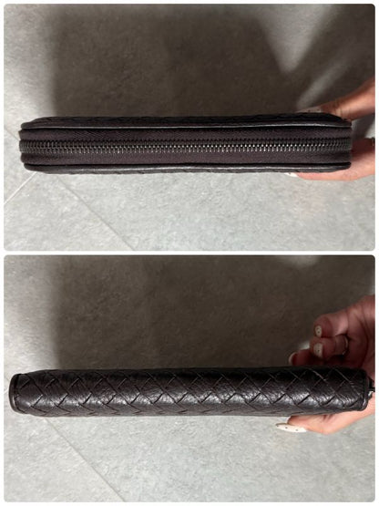 Bottega Veneta Intrecciato Round Zipper Long Wallet in Grained Leather Dark