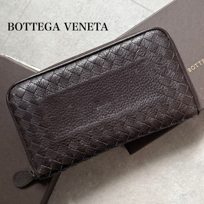 Bottega Veneta Intrecciato Round Zipper Long Wallet in Grained Leather Dark