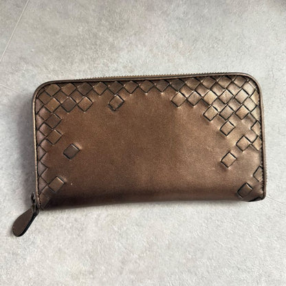 Color Bottega Veneta Intrecciato Round Zipper Long Wallet Bronze Leather Men