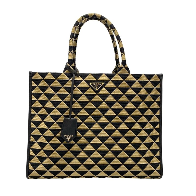Prada Tote Bag Symbol Embroidery Fabric Large Handbag 1ba356 Black And Beige