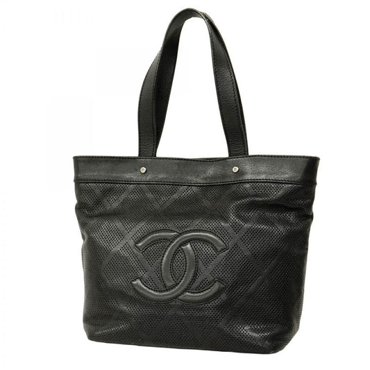 Chanel Tote Bag Perforated Leather Black Silver Hardware Women