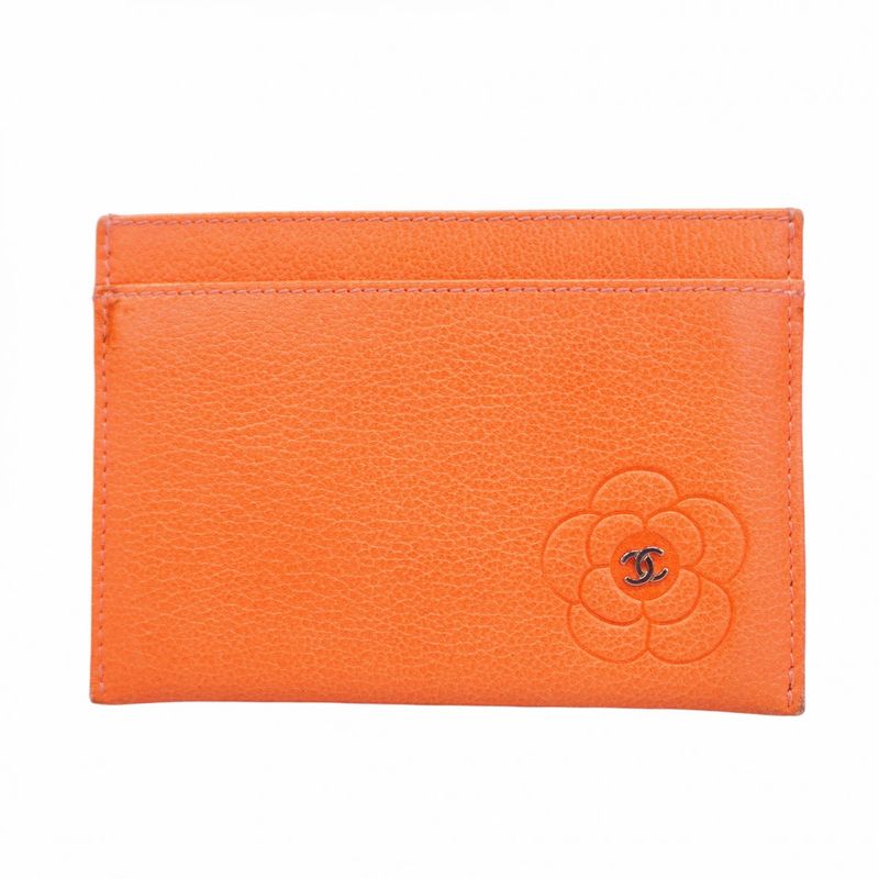 Chanel Card Case Camellia Leather Orange Silver Hardware Women