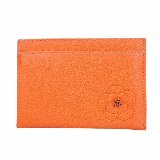 Chanel Card Case Camellia Leather Orange Silver Hardware Women