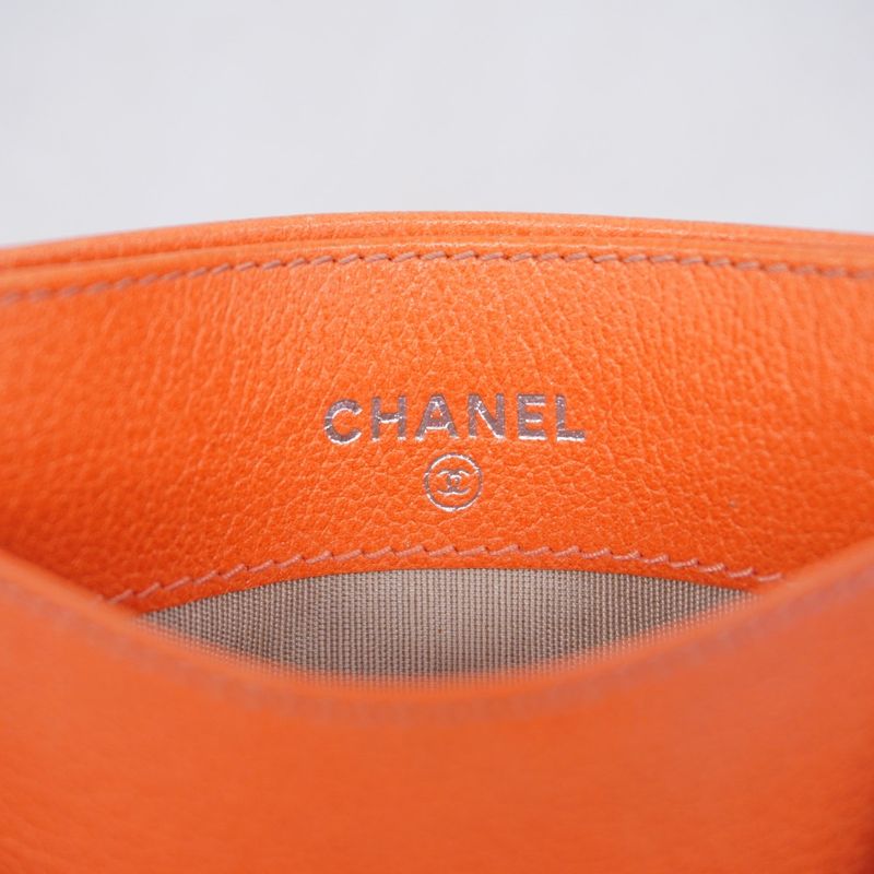 Chanel Card Case Camellia Leather Orange Silver Hardware Women