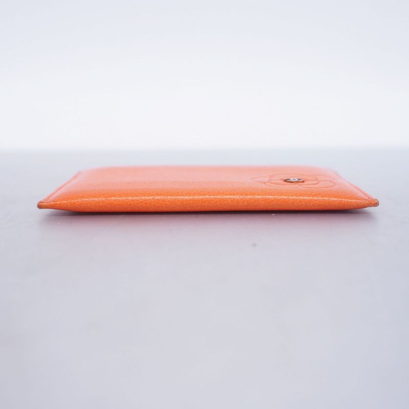 Chanel Card Case Camellia Leather Orange Silver Hardware Women