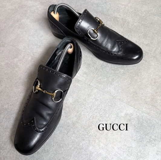 Gucci Horsebit Loafer Wingtip Leather Black Gold Silver Hardware Business Shoes